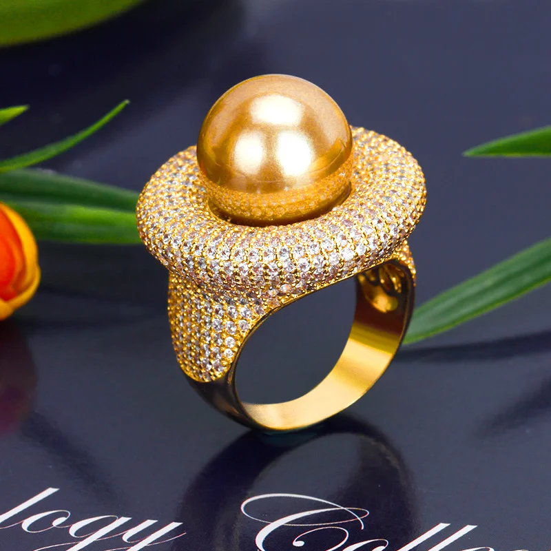 New Trendy Round Pearl Statement Rings for Women Cubic Zircon Finger Rings Beads Charm Ring Bohemian Beach Jewelry Gifts