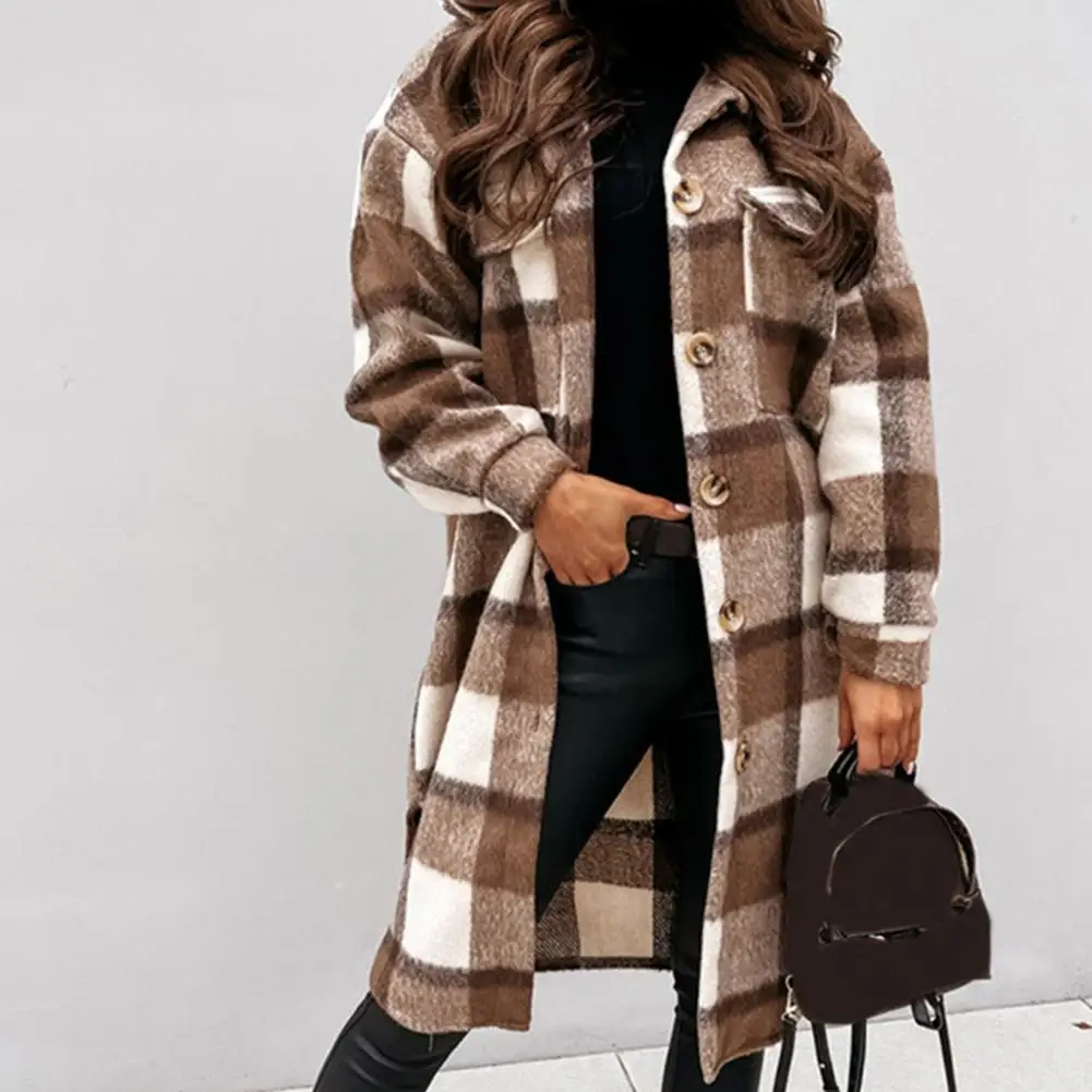 Autumn Winter Woolen Coat Women Plaid Shirt Jacket Single Breasted Long Cardigan Trench Coat Women Wool Overcoat пальто женское