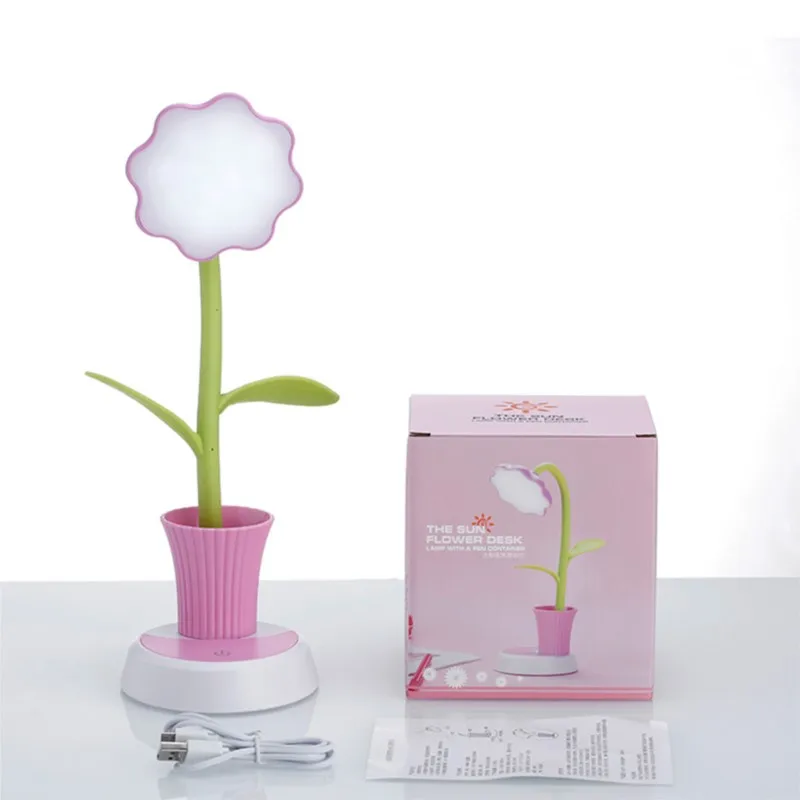 USB Chargeable LED Table Lamp 2 In 1 Sun Flower LED Desk Lamp with Pen Holder Children Reading Learning Eye Protect Night Light