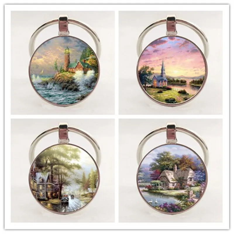 

Thomas idyllic landscape hand-painted oil painting picture American keychain seascape lighthouse glass keychain jewelry gift