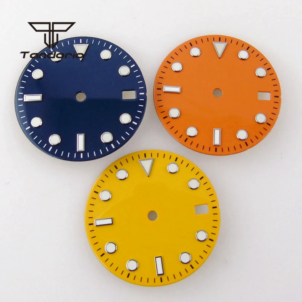 29mm Dark Blue/Orange/Yellow Watch Dial Hands Set Date Window Fit for NH35 Movement Luminous Watch Parts Replacements