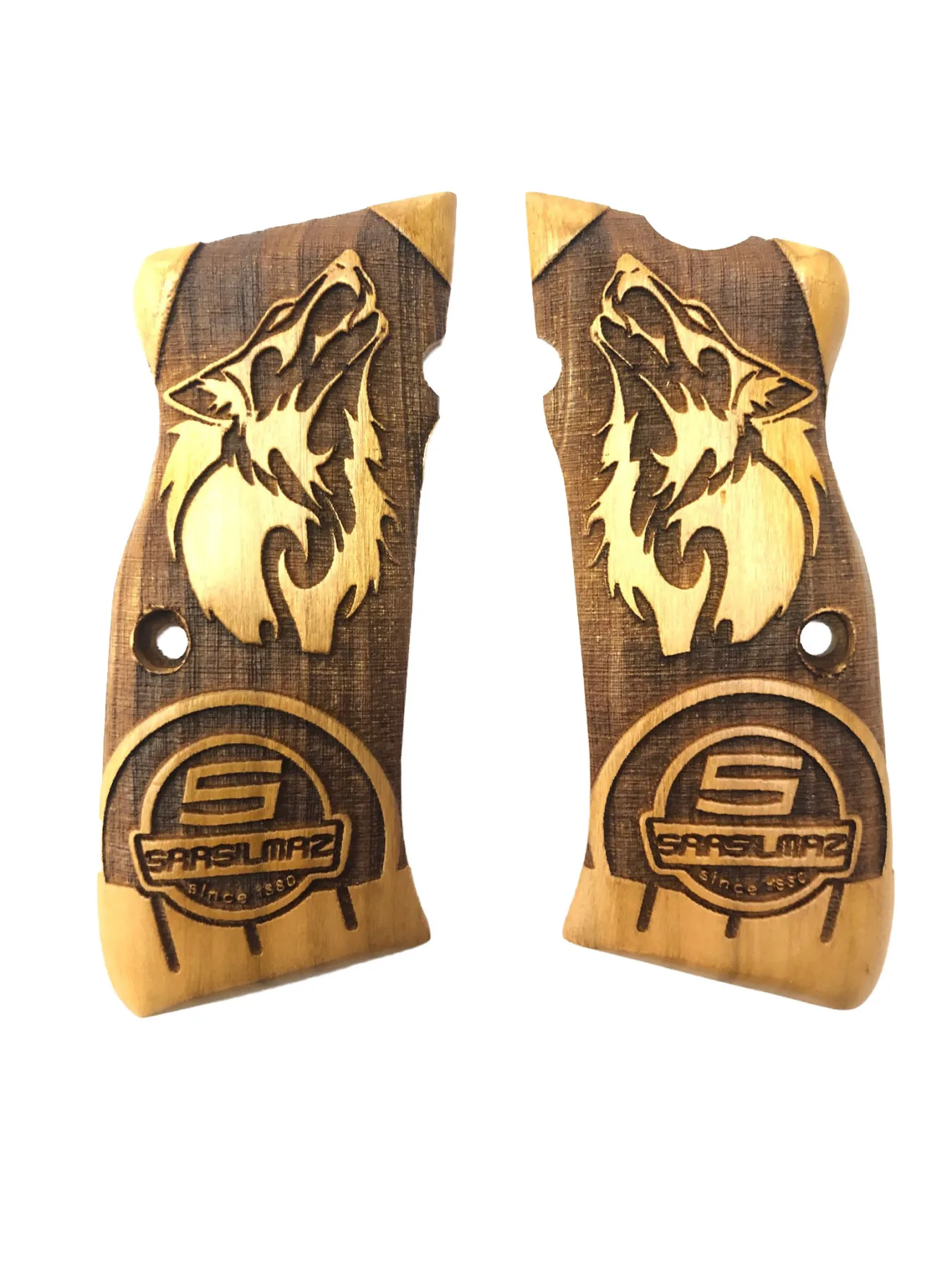 

Unshakable Mega-Kýlýnç Wolf and Unwavering Logo Pattern Laser Cut Light Color Wooden Grip