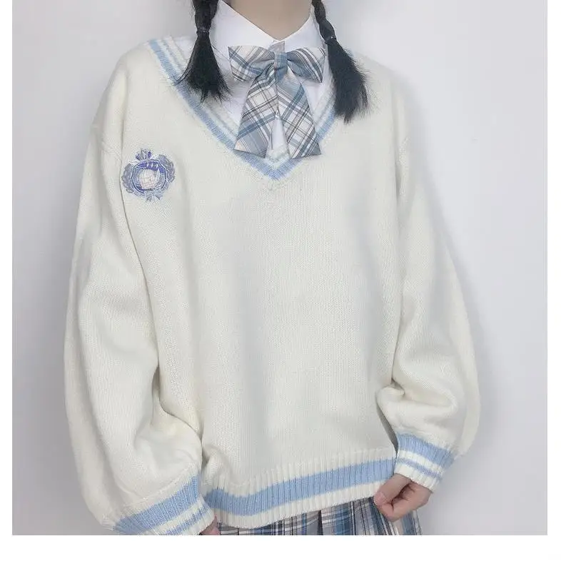 JK Uniform Pullover Sweater Korean V-neck Knitted Tops College Style Sweet Female Student Loose Outwear Japanese School Uniform