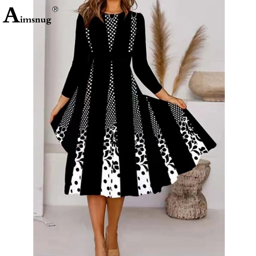 

Women Elegant Fashion Mid-Calf Dress Long-sleeved Patchwork Dot Print Party Dresses Plus size 5xl Frauen Vintage A-Line Dress