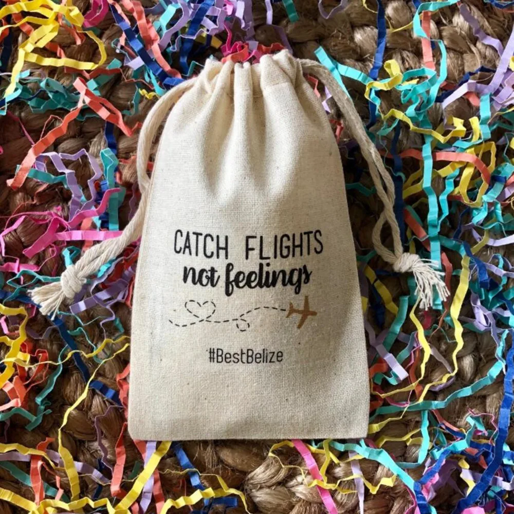 Set of 10 personalize any text Catch Flights Not Feelings Girls Trip Survival Kit Bags / Custom wedding Muslin Cotton favor Bags