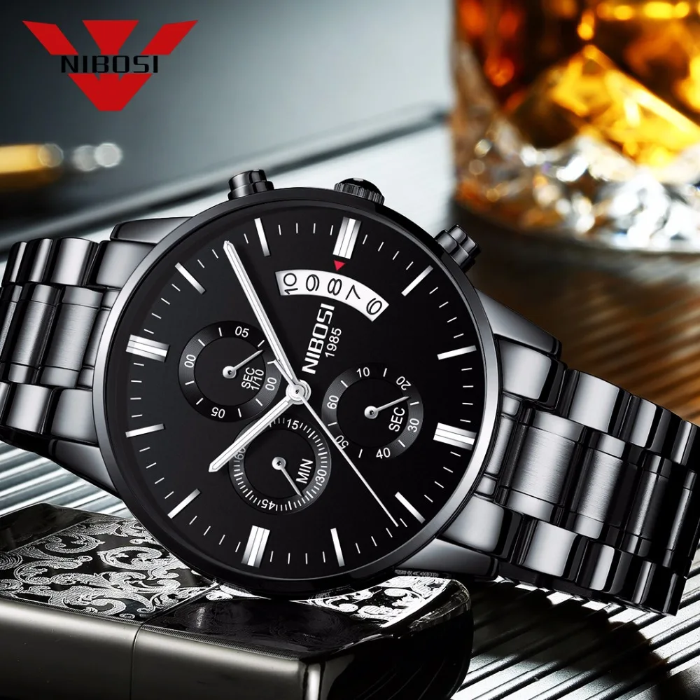 NIBOSI Stainless Steel Black Quartz Watch Mens Watches Top Brand Luxury Chronograph Wristwatches Male Relogio Masculino 2309