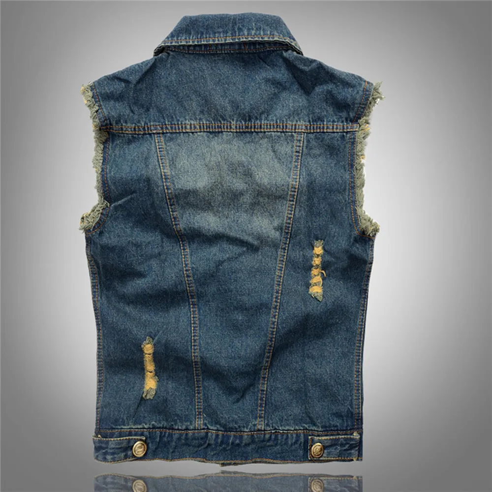 Korean Youth Trend Jeans Vest Men's Ripped Vest Jacket Denim Vests Men Retro Sleeveless Slim Fit Male Jeans Tank Top Plus Size