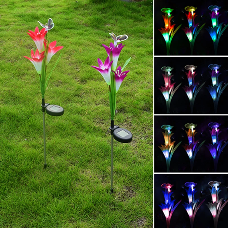 Led Solar Outdoor lamp 3 Lily Butterfly Simulation Lantern Outdoor Waterproof LED Ground Plug Lawn Light Solar For Garden Light