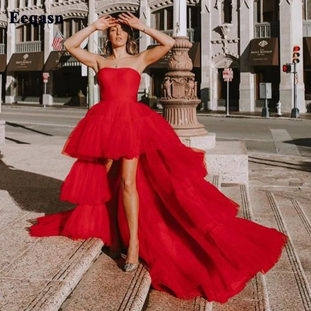 

Eeqasn Red High Low Tiered Tulle Prom Dresses Above Knee Mini Homecoming Party Dress Corset Back Short Formal Graduation Gowns