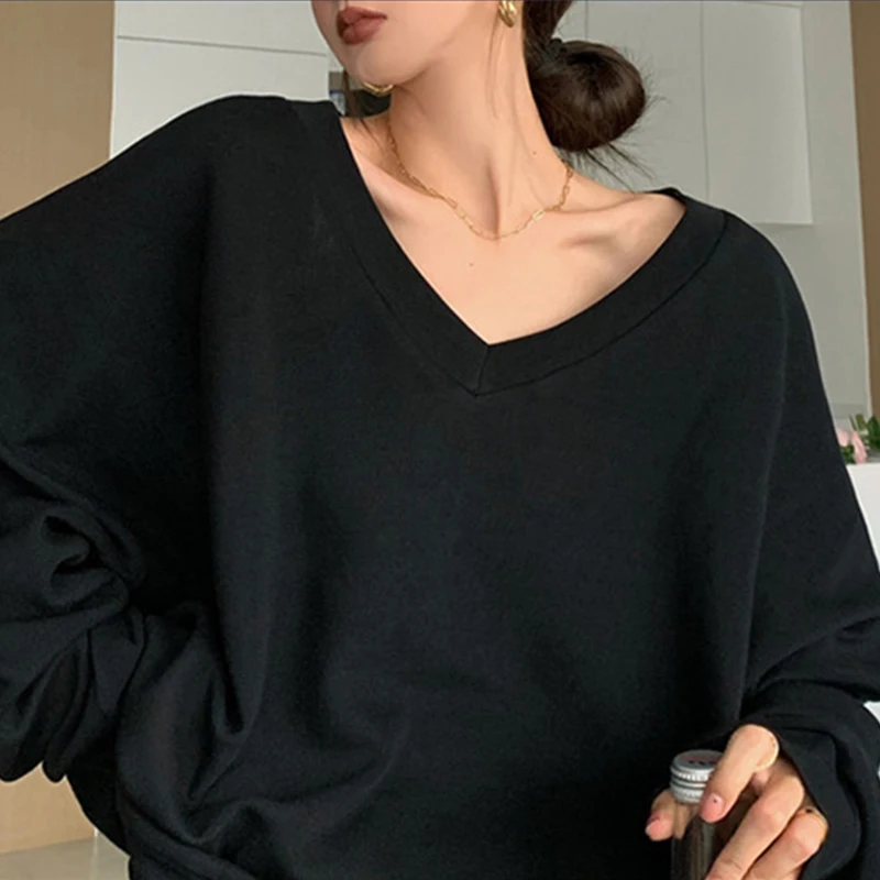 Women Base Top Oversize Long-Sleeve T-Shirt 2024 Autumn Clothes Casual Loose Blouse Ladies Thin V-Neck Long Tops Female Clothing