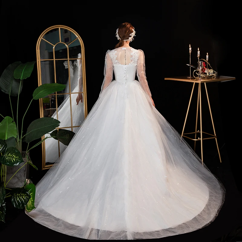 AnXin SH abito da sposa bianco in pizzo con fiore principessa vintage o collo abito da ballo scintillante illusione abito da sposa manica lunga sposa