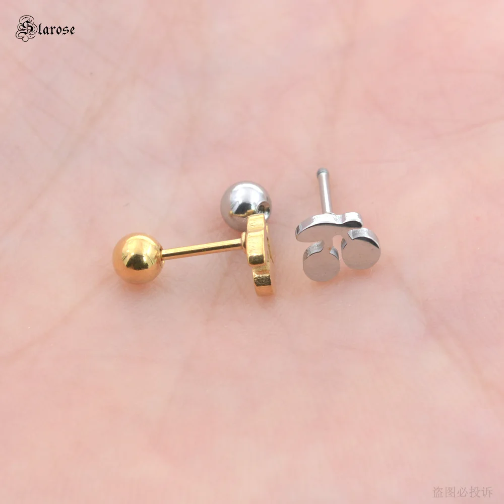 Starose 2Pcs 0.8x6mm Rod Gold Color Cherry Earrings Stainless Steel Plant Tragus Piercing Helix Piercing Stud Ear Ring Jewelry