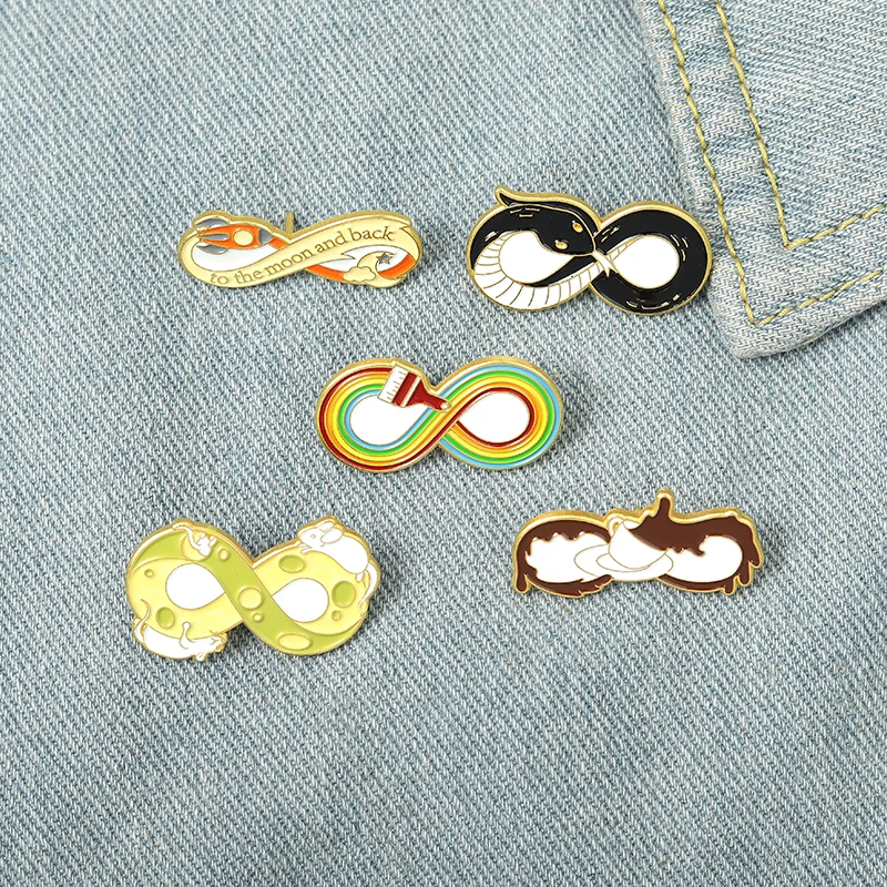 Infinity Symbol Enamel Pins Cheese Coffee Brush Rocket Snake Brooch Lapel Badge Cartoon Jewelry Gift for Kid Friend Wholesale