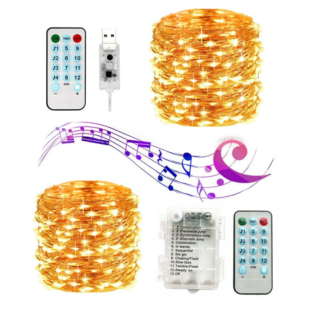 5M/10M Sound Activated LED Music String Lights Battery/USB Operated with Control Copper Wire String Lights Wedding Party Decor