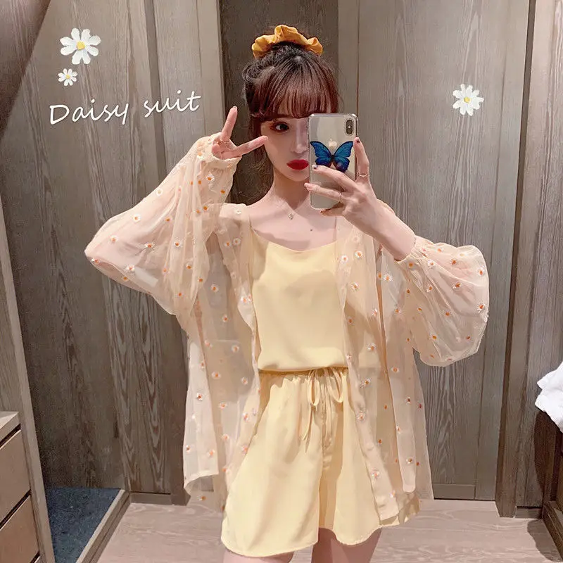 Korean Sweet Daisy Summer Clothing Sets for Women 2024 New Fashion Girls Student Sling Shorts Purple Sun Protection Shirt Suits