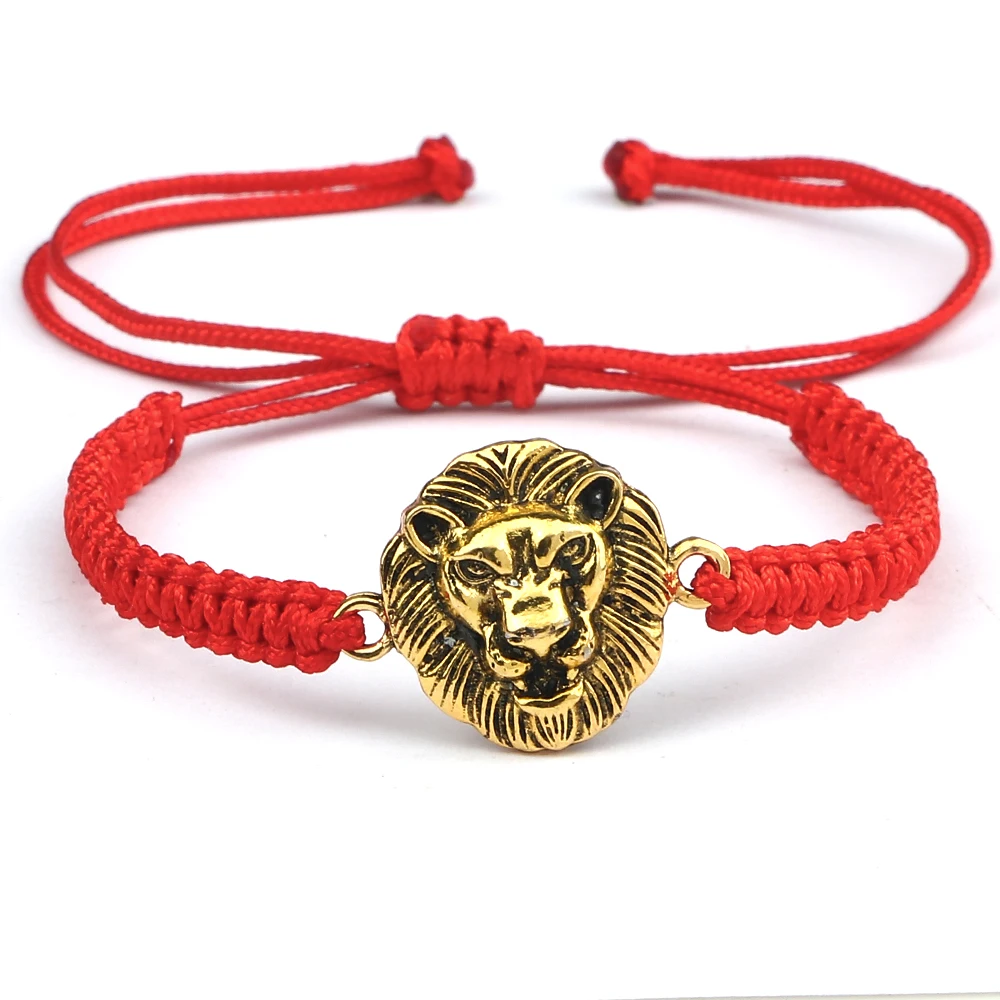 Pulsera trenzada con cabeza de león estilo Punk para hombres y mujeres, pulsera tejida hecha a mano con hilo rojo de la suerte, joyería de amistad de buena suerte para parejas