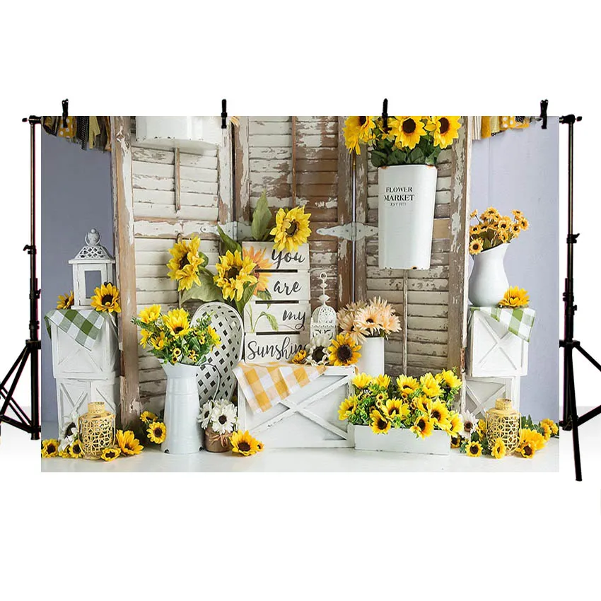 Avezano Photography Background Sunflower Wooden Door Newborn Birthday Portrait Cake Smash Decoration Backdrop Photo Studio Props