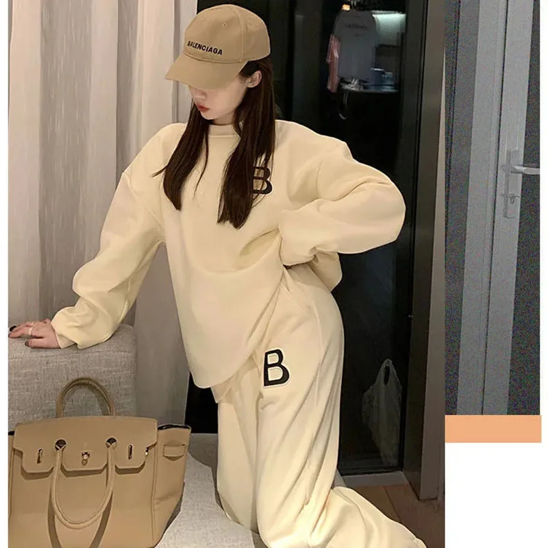 Koreaanse Stijl Alfabet Borduren Vrouwen Ronde Hals Trui Mode Retro Losse Broek Harajuku Stijl Casual Dames Sport Pak