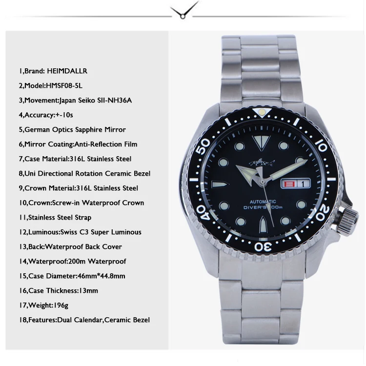 Heimdallr Men Diver Watch 44.8mm Automatic Mechanical Wristwatch 200M Waterproof C3 Luminous NH36A Sapphire Steel Strap