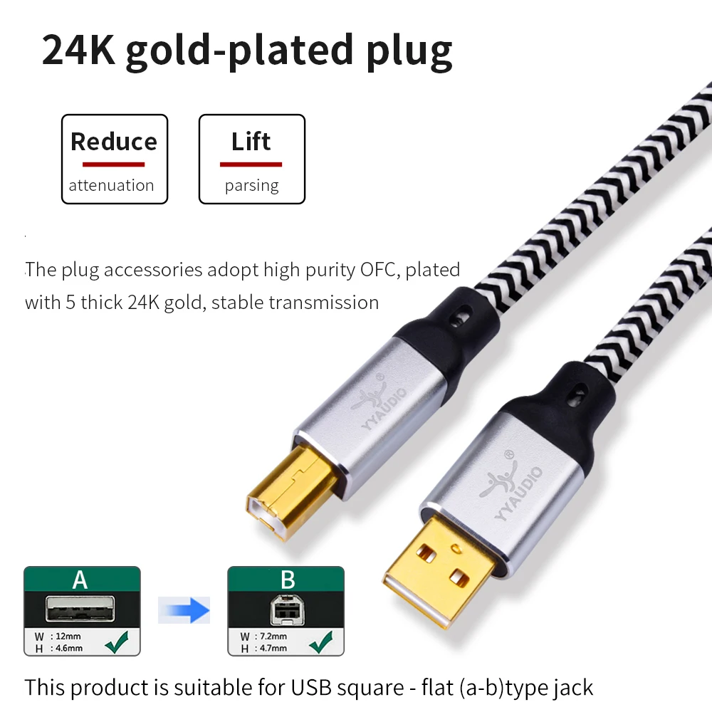 YYAUDIO Hi-End OCC silver plated USB audio cable data USB cable DAC USB hifi cable A-B usb cable