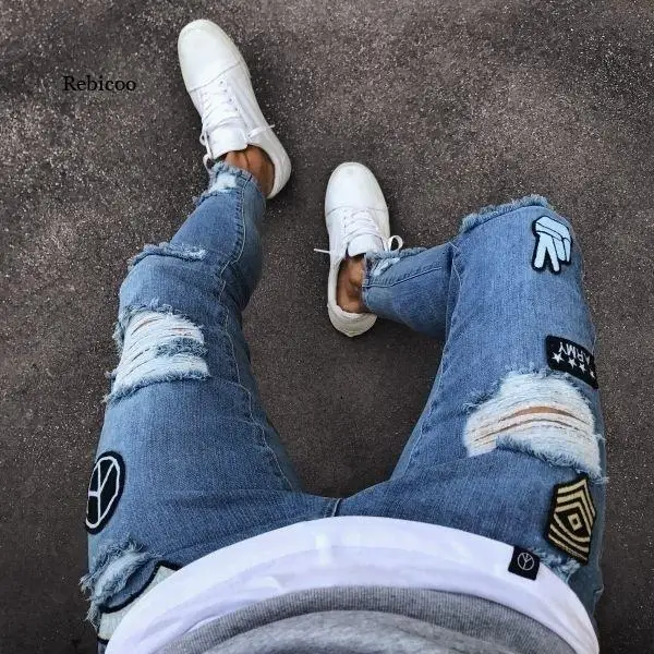 Männer Stepp Bestickte Jeans Skinny Jeans Zerrissene Grid Stretch Denim Hosen Mann Elastische Taille Patchwork Jogging Denim Hosen