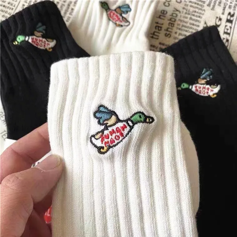 3Colors Crew Street Fashion Striped White Socks Cotton Duckling Flying Little Mallar Mandarin Duck Japanese Brand Retro Game Sox