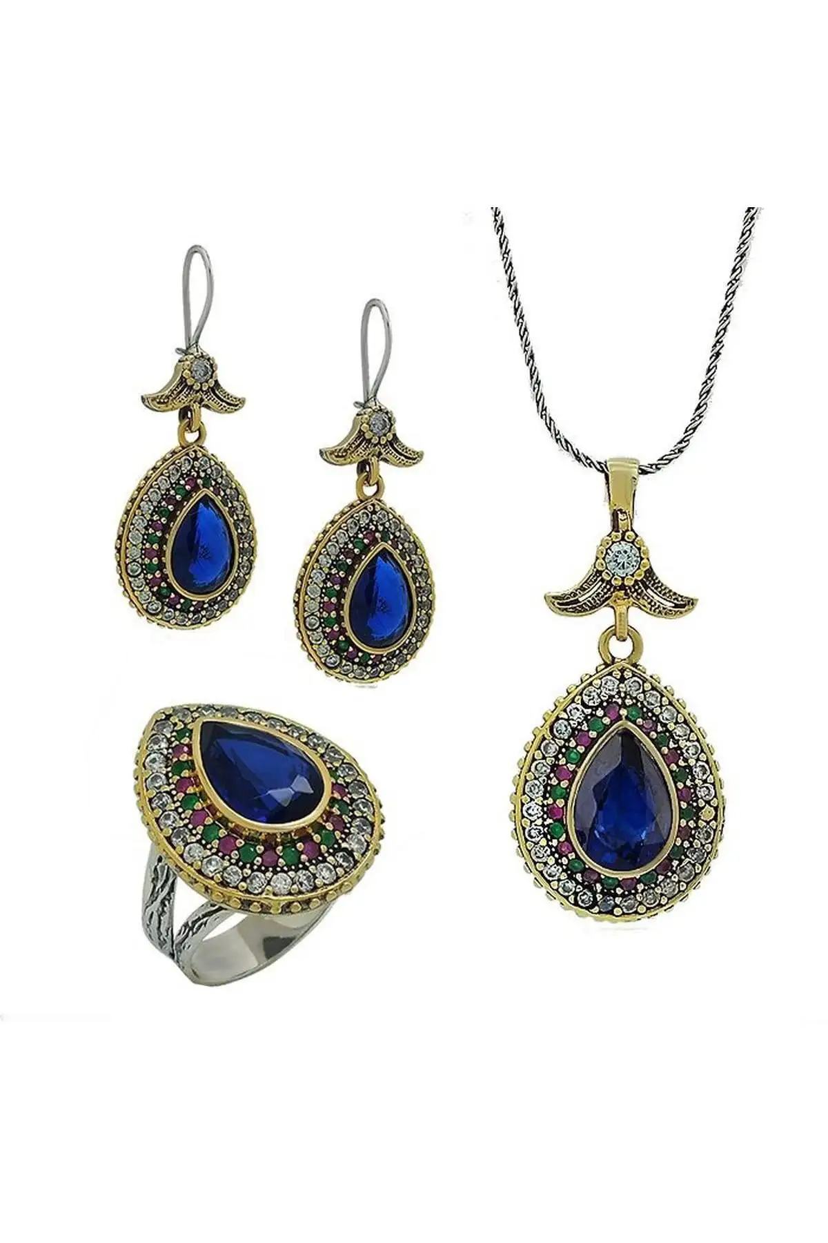 

Sapphire Cubic Zirconia Hurrem Sultan Set Drop Silver Triple Lady Jewelry