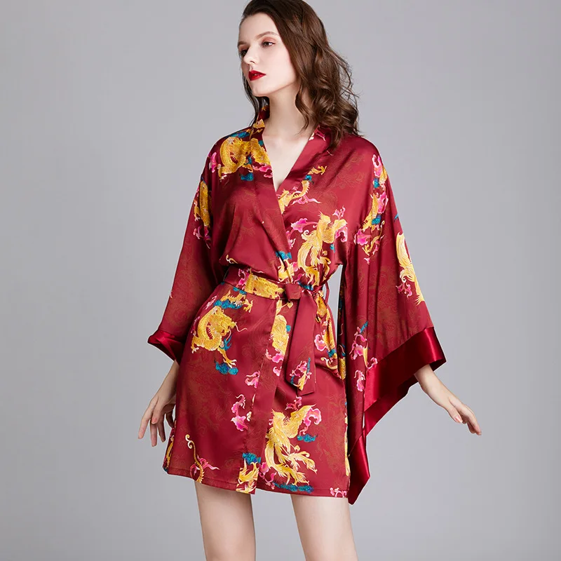 Peignoir Kimono en satin soyeux pour femmes, robe de mariée imprimée, chemise de nuit décontractée, vêtements de nuit doux, chemise de nuit sexy, vêtements pour la maison