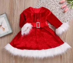 Emmababy Hot Sale Kids Girls Christmas Round Neck Santa Dresses Leisure Comfort Baby Girl Costume Waistband Dress Drop Ship