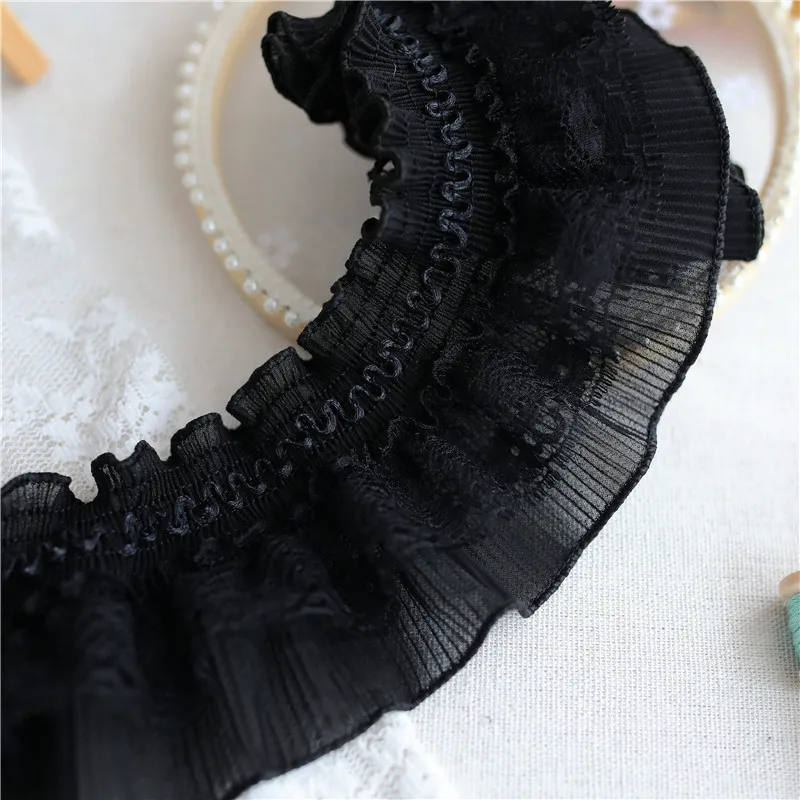 8CM Wide White Black Chiffon Stretch Lace Needlework Elastic Ruffle Trim Ribbon Frills Collar Fringe For Sewing Apparel Fabric