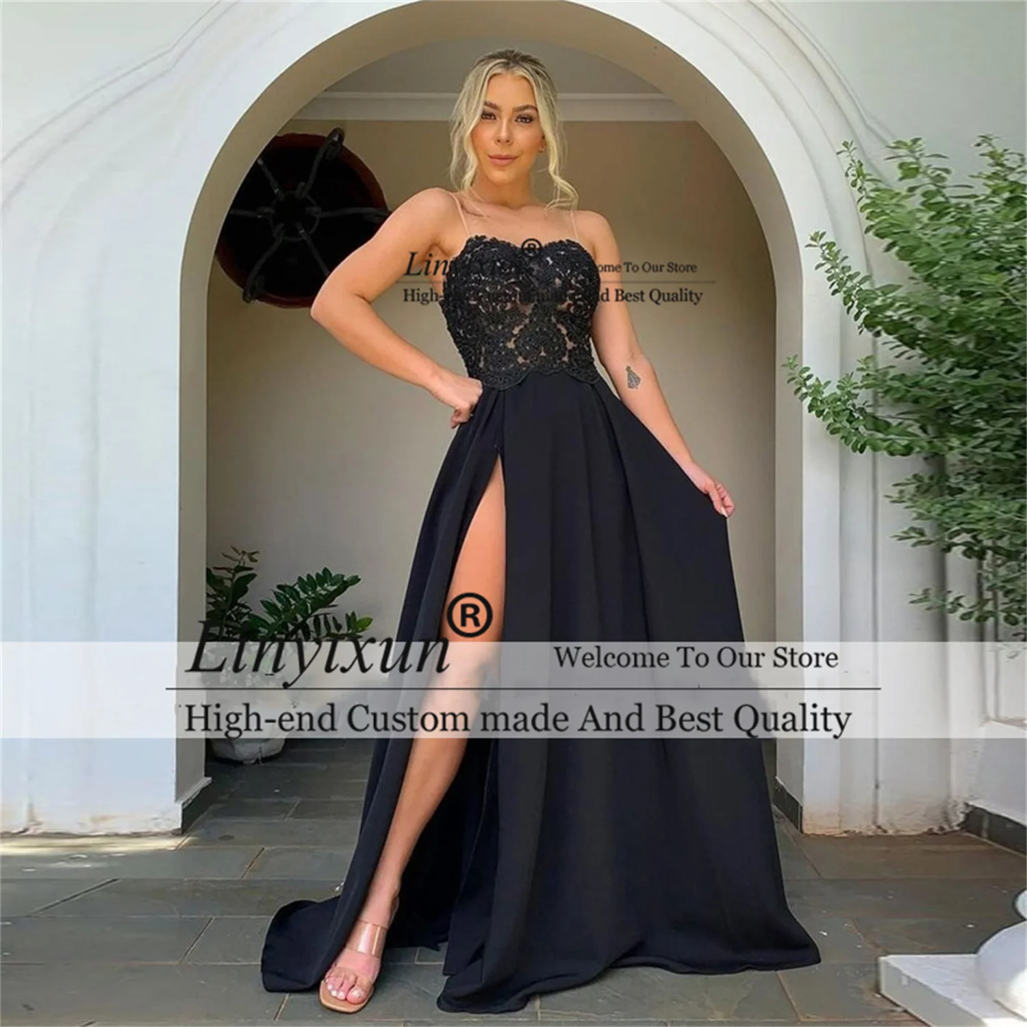 

Black A Line Prom Dresses Appliques Lace Sexy High Split Evening Party Gowns Strapless Sleeveless Court Train Robe De Soiree