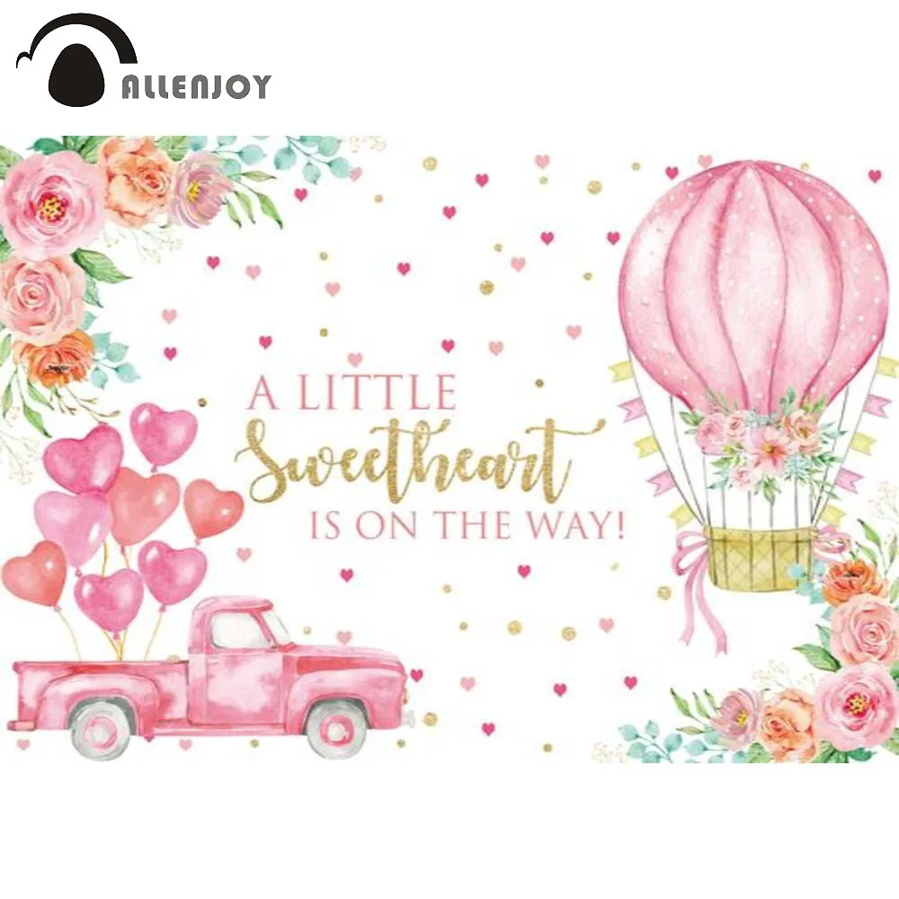 Allenjoy Baby Birthday Party Backdrop Sweetheart Newborn Pink Hot Air Balloons Flowers Shower Decoration Background Photocall