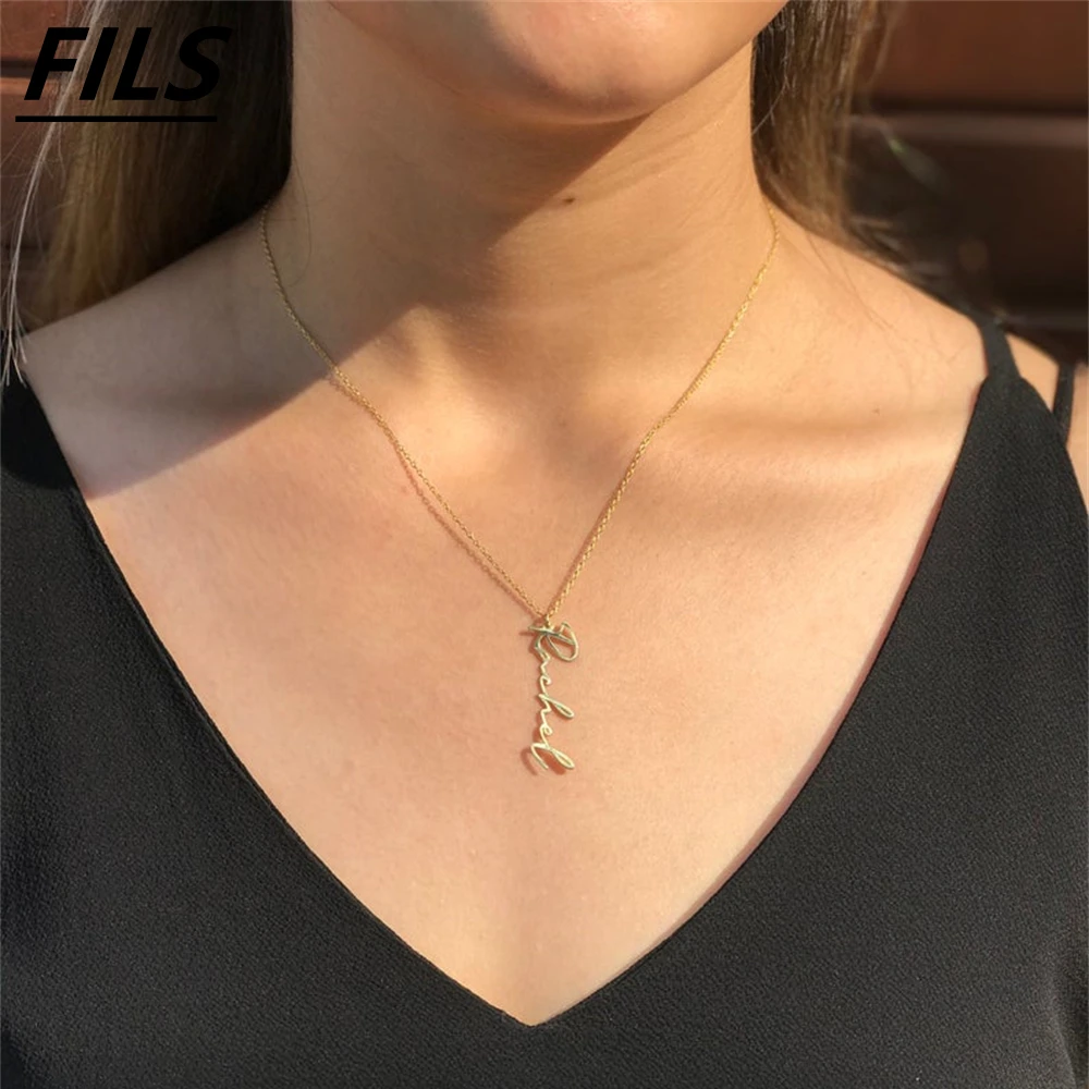 

Custom Necklace Women Vertical Name Pendant Personalized Jewelry Men Stainless steel Handmade Nameplate Pendant Necklaces Gift