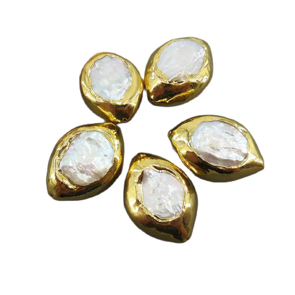 APDGG Wholesale 5 Pcs Oval Shape Coin Keshi Pearl 24K Gold Plated Edge Beads For DIY Jewelry Findings