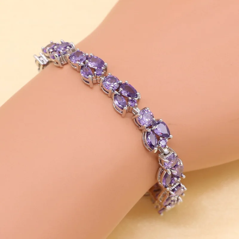 Sterling Silver Women Dubai Jewelry Sets Purple Cubic Zirconia Bracelet Geometric Earrings/Pendant/Necklace/Ring Free Gift