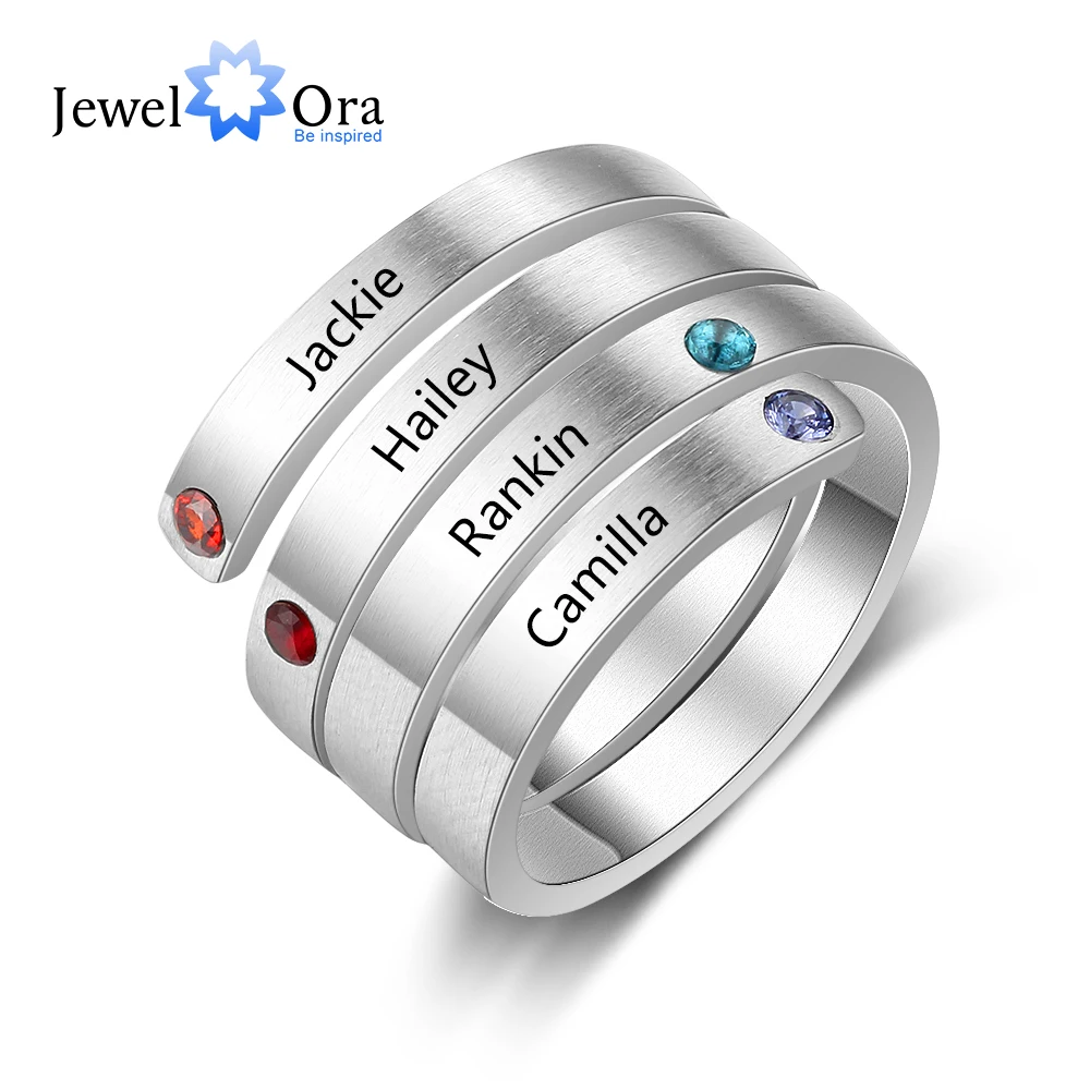 

Personalized Stainless Steel Stackable Rings for Women Engrave Name Ring with 4 Birthstones Custom Family Gift (RI103803)