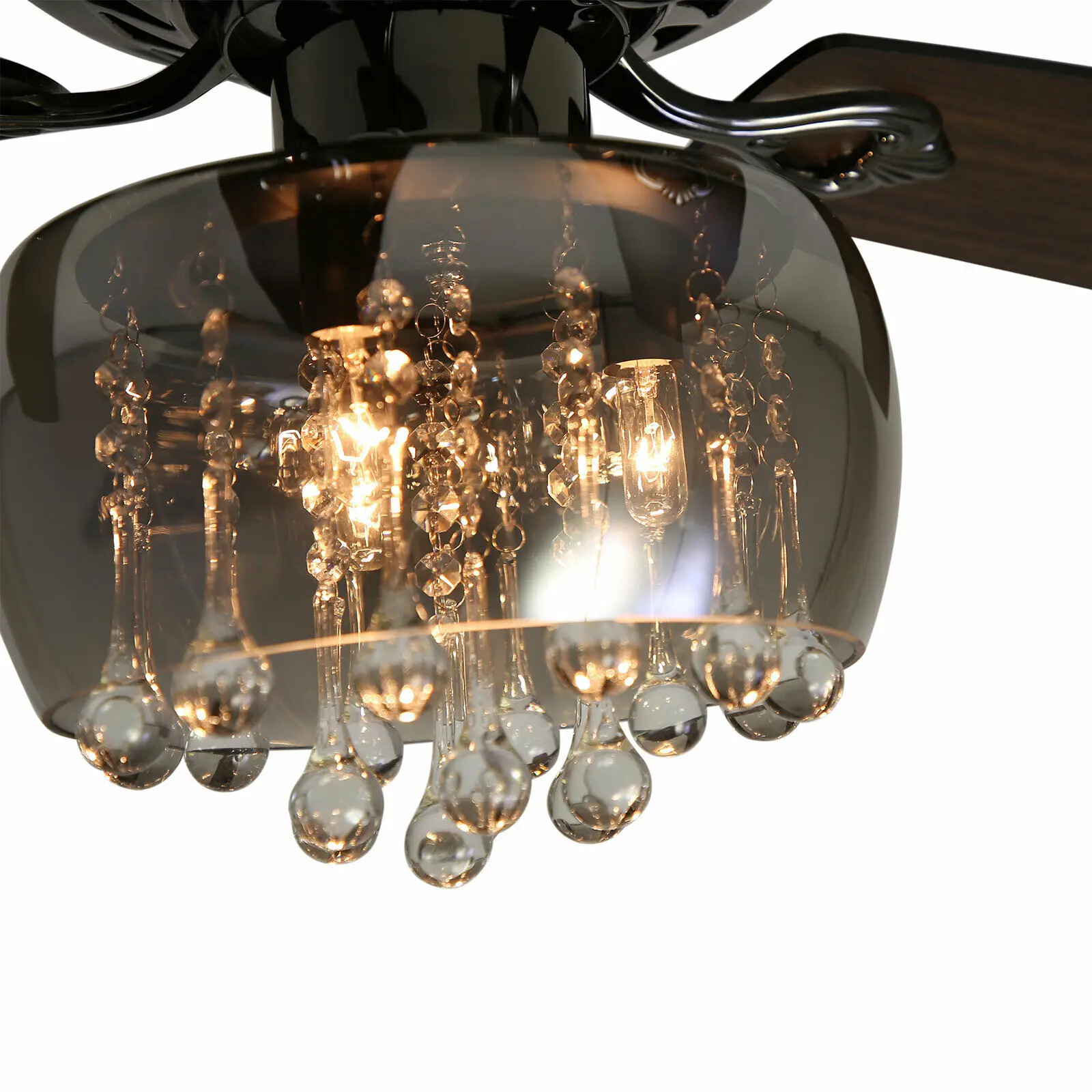 Moderno cristal ventilador de teto com controle remoto, jantar e sala aplicação, 5 lâminas, Pearl Black, 52 polegadas