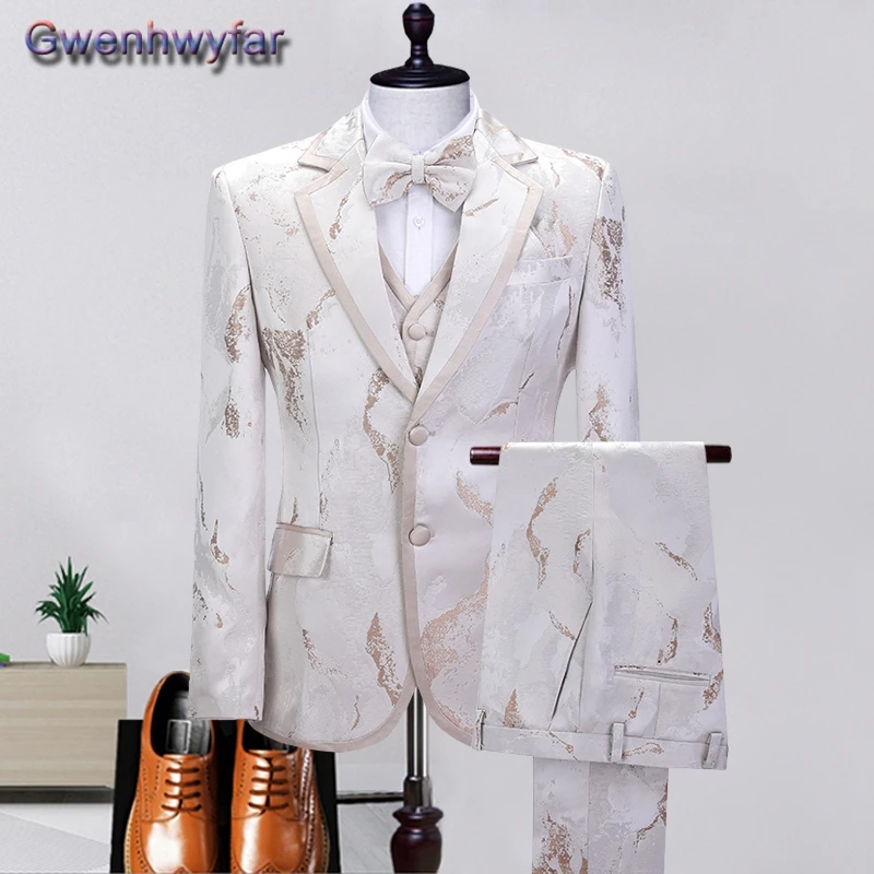 Gwenhwyfar Notched Lapel Wedding Suit For Men,Single Breated Print Formal Wedding Party Tuxedos,Custom Made Terno Masculino 3Pcs