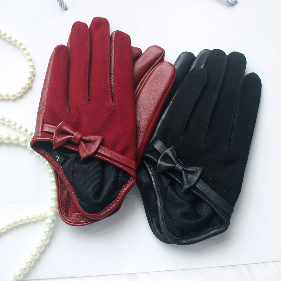 Women\'s fashion natural suede leather gloves half palm gloves female dancing party bowknot genuine leather glove short guantes