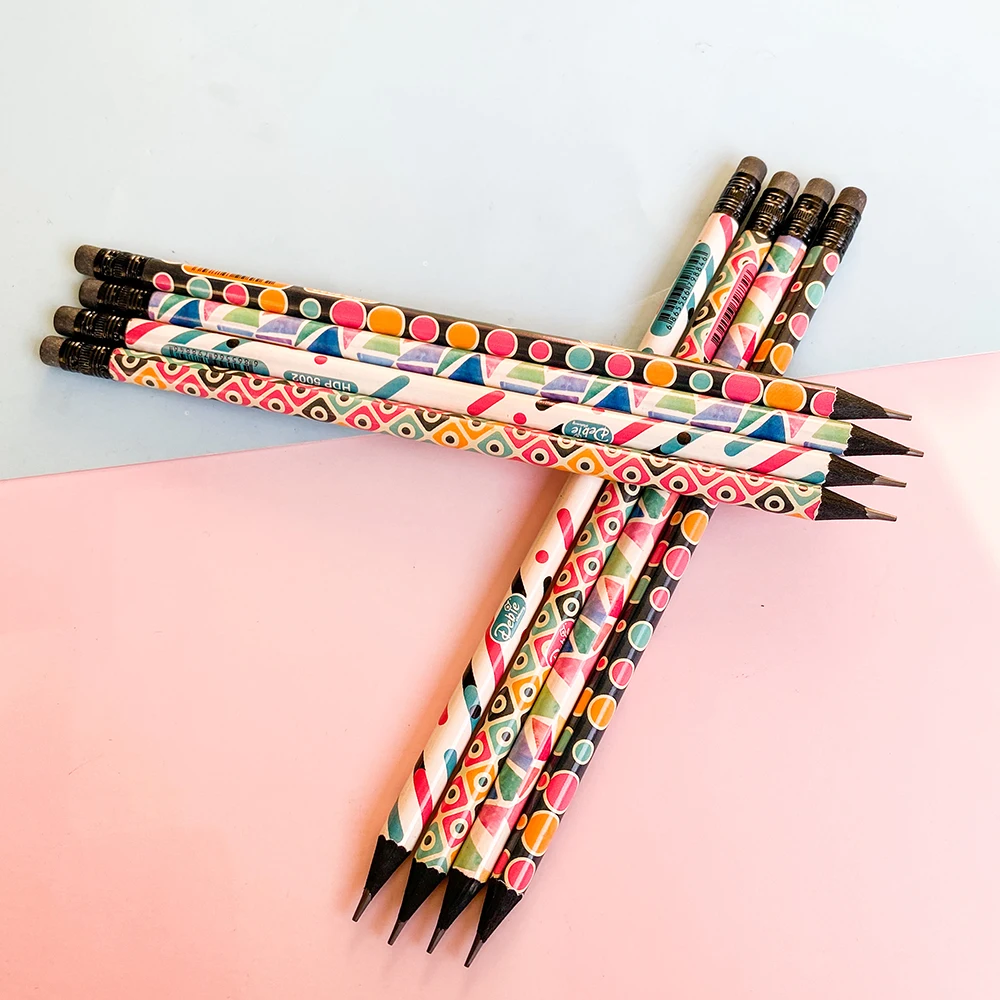 5pcs Kawaii Wooden Pencil with Eraser Cute Geometry Black Pencil for Kids Prizes Korean Stationery Supplies Drawing Accessories