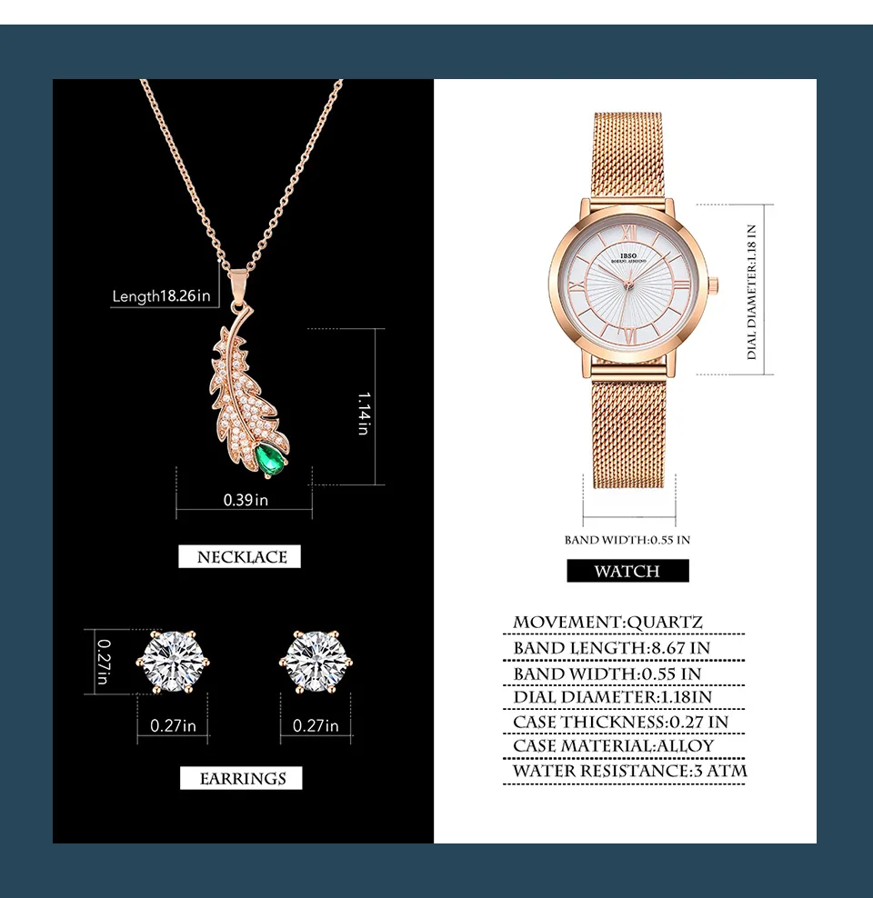 Luxury Elegant Lover Gift To Girls Watch Set for Women Copper Necklace Earrings Stainless Strap Watches Lady Watch for Women