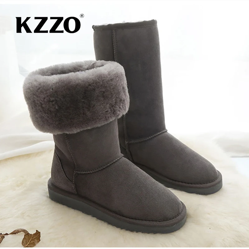 KZZO 100% Natural Wool Genuine Leather Knee-High Boots For Women Australia Classic Keep Warm Winter Outdoor Snow Boots Non-slip