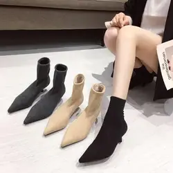 Fashion Sock Boots for Woman Pointed Toe Knitting Ankle Boots Elastic Slip On Casual Boots Lowed Heeled Autumn Dress Shoes Woman