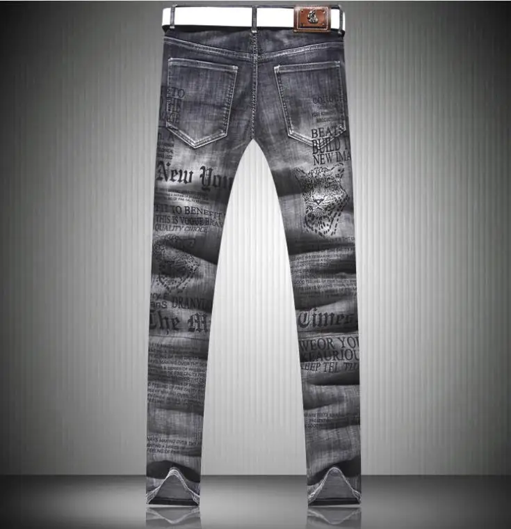 Leopard Print Mens Jeans Fashion Gray Slim Elastic Cotton Denim Lettter Design Floral Pants #A019