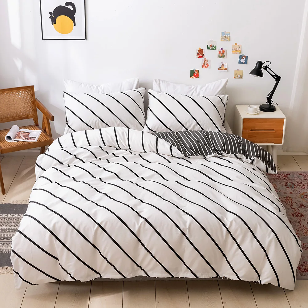 

Cotton Duvet Cover Women Quilt Comforter Cover Sets Simple Stripes Bedding Set with Pillowcases Twin Queen King Size White Grey