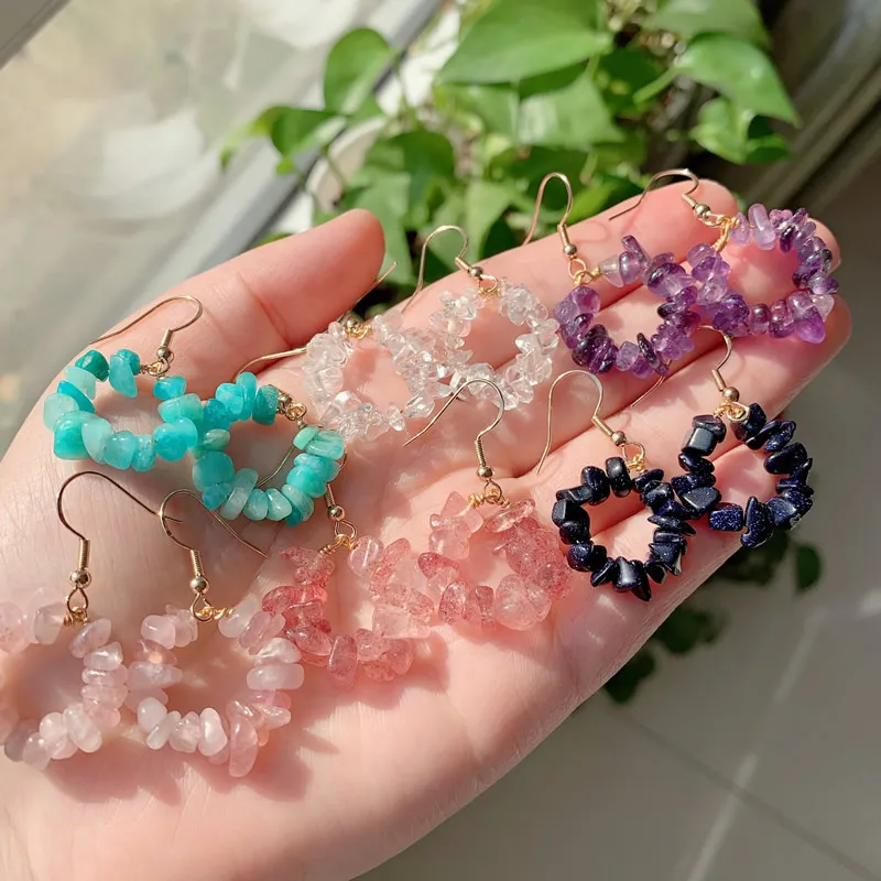 Reiki Natural Crystal Earring Chips Gravel Beads Flower Circle Stone Tassel Dangle Real Amethysts Amazonite Pink Quartz Earring