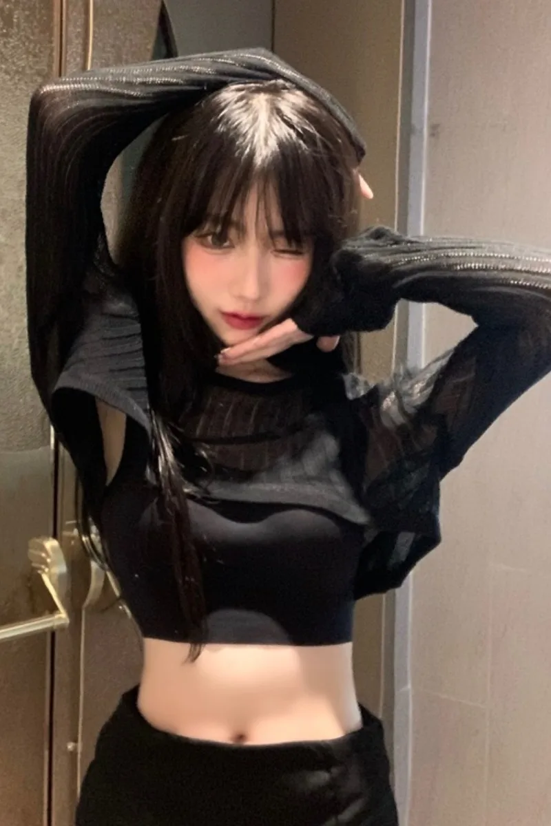 Summer Women See-through Long-sleeved Sunscreen Tshirt Long Sleeve Streetwear Autumn Tee Tops Black Sweaters