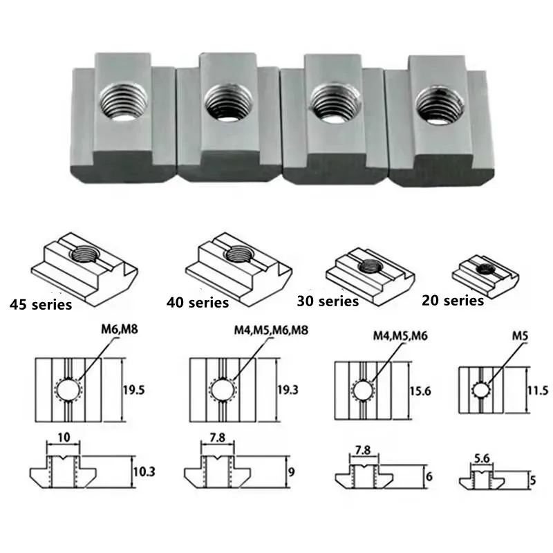 50/100Pcs 30 Series T Block Square Nuts T-Track Sliding Hammer Nut M3 M4 M5 M6 M8 Fastener Aluminum Profile Accessories