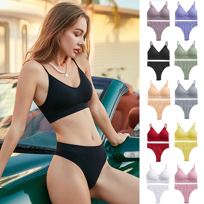 Women Bra Sets Sexy Lingerie Female Underwear Bralette Ribbed Tops Girls Fashion Brassiere Basic Stretchy Tank Crop Tops Suit