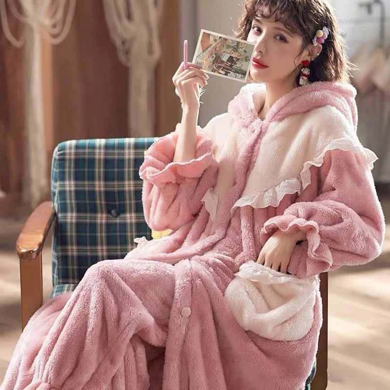 Plus Size Autumn Winter Women Solid Color Pink Lace Nice Warm Thick Pajama Sets Long Sleeve Pajamas Soft Pyjamas Sleepwear